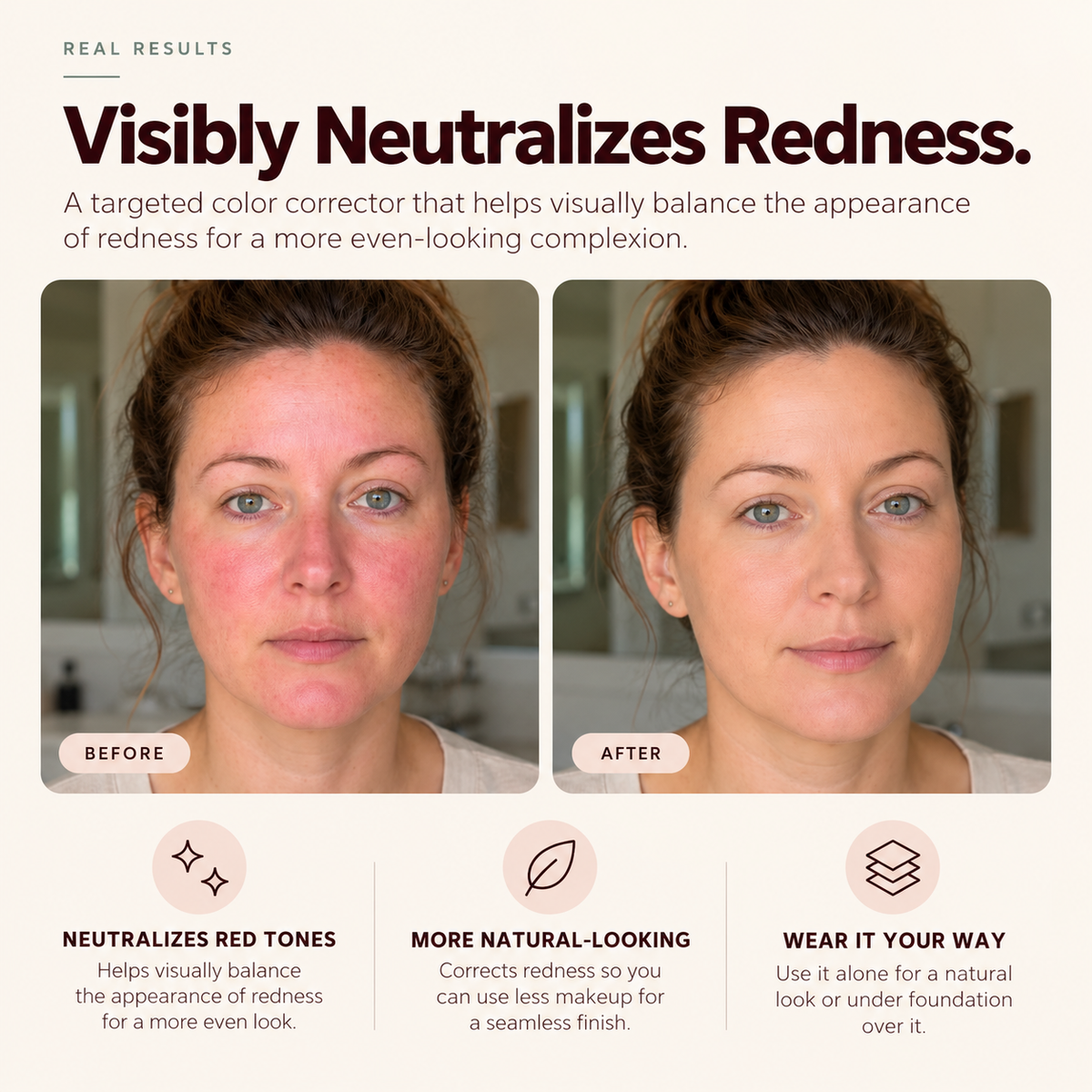 Before and after showing the appearance of facial redness before and after applying Omiana Redness Concealer Cream.