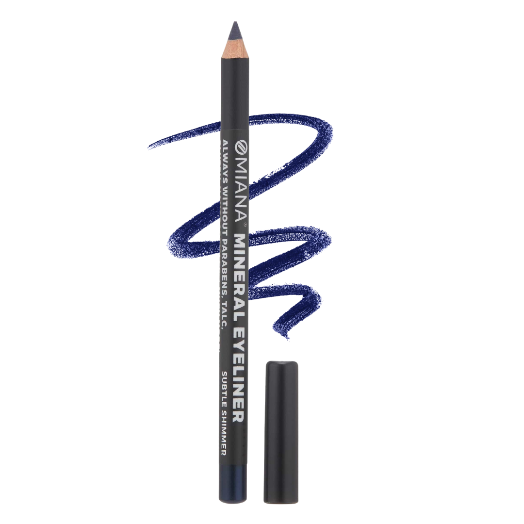 Blue mineral makeup eyeliner pencil with a swatch on a white background | Omiana
