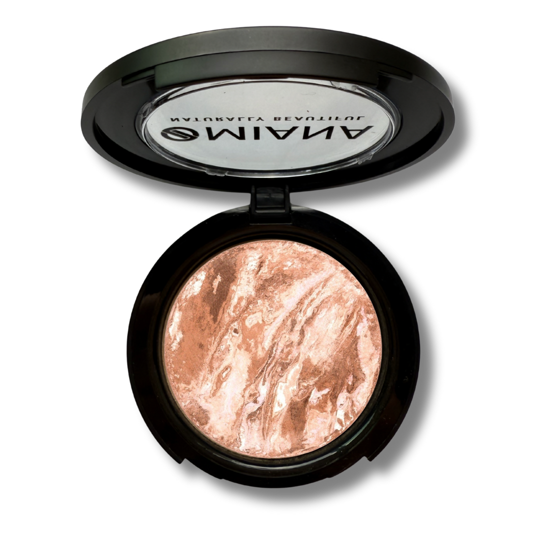 Open Mineral Makeup compact with beige baked cream powder and visible Omiana brand name on a white background